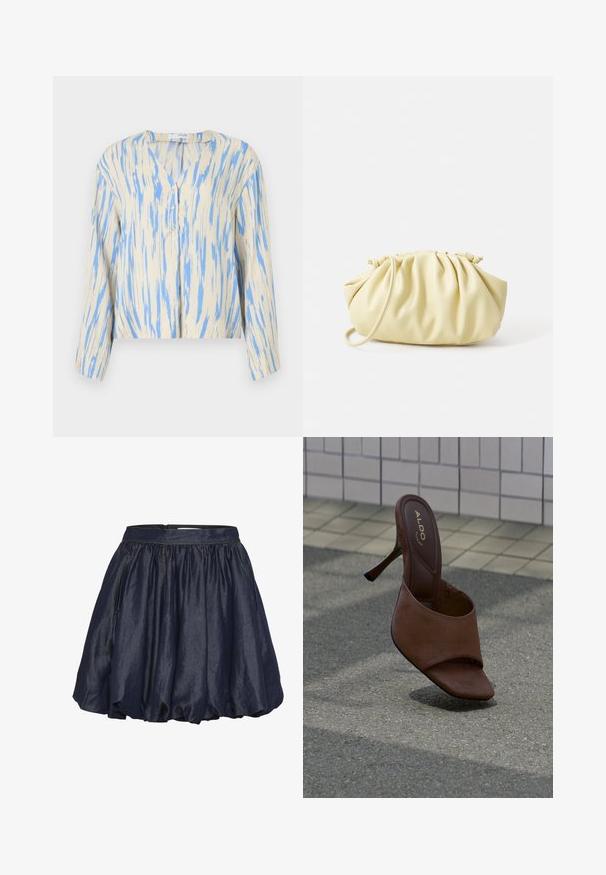 Lichte, beige blouse met blauw streep patroon, V-hals, knoopsluiting en lange mouwen. Zachte textuur, relaxte pasvorm en cropped ontwerp.; Marineblauwe satijnen rok met een elastische tailleband, geraffineerde plooien en een licht uitlopende snit. Zachte textuur met een gladde glans.; Bruine mule met hoge hak en open teen met ALDO-logo op de binnenzool, staand op een gestructureerd voetpad naast een betegelde muur.; Geel geplooide handtas van soepel nepleer, met een zachte vorm, een enkele schouderriem en een verzameld ontwerp aan de bovenkant.