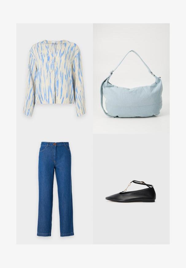 Leichte, beige Bluse mit blauem Streifenmuster, V-Ausschnitt, Knopfverschluss und langen Ärmeln. Weicher Stoff, lockere Passform und verkürztes Design.; Blaue Jeans aus Denim mit geradem Schnitt, ausgestattet mit einem Frontknopfverschluss, Gürtelschlaufen und sichtbaren Nähten entlang der Nähte.; Schwarze Leder-Ballerinas mit spitzem Zehenbereich, Cut-Out-Design, Knöchelriemen und goldener Kettenakzent. Glatte Textur, minimaler Absatz.; Hellblaue Denim-Schultertasche mit runder Form, verstellbarem Gürtel und subtilen Nähten am unteren Rand. Weiche Textur.