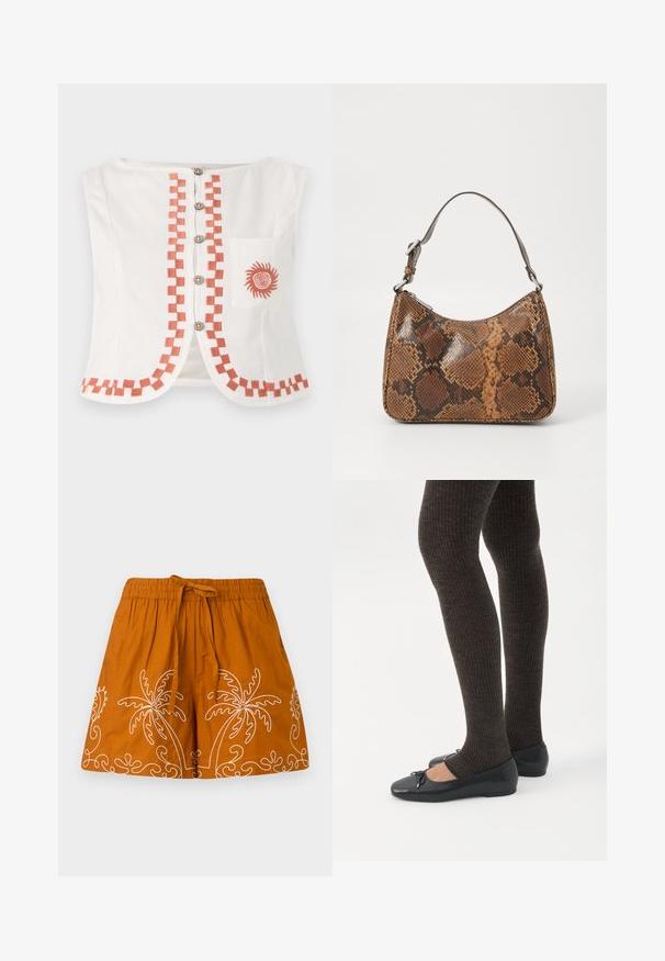 Top blanco sin mangas con un patrón geométrico naranja en la parte frontal y el dobladillo, adornado con botones decorativos y un bolsillo con un motivo de sol.; Falda de algodón naranja con cinturilla elástica, que presenta diseños bordados en blanco de palmeras y patrones decorativos en espiral a lo largo del dobladillo.; Piernas con leggings oscuros acanalados combinados con bailarinas negras que presentan pequeños detalles de lazo sobre un fondo blanco.; Pequeño bolso de mano con un patrón de piel de serpiente marrón y negro, correa corta ajustable y cierre de cremallera.