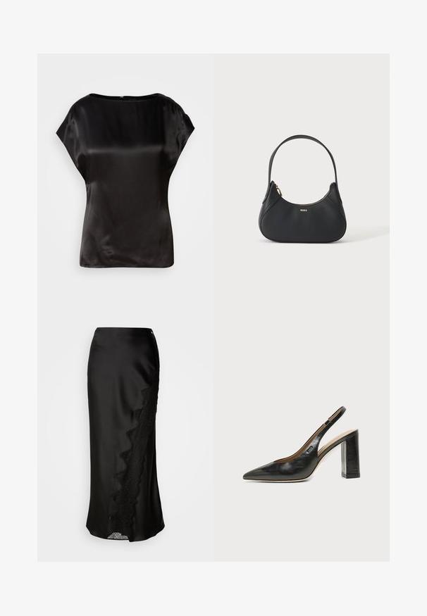 Zwarte satijnen top met een boot neckline, kapmouwen en een subtiele glans. Voorzien van een verborgen ritssluiting op de rug. Gladde textuur.; Zwarte satijnen rok met een gestructureerde afwerking, kantafwerking aan één kant en een rechte snit. Inclusief een discrete zijsplit en sluiting.; Zwarte leren slingback schoen met spits toelopend neusje, hoge blokhak en beige binnenvoering tegen een effen lichte achtergrond.; Zwarte leren schoudertas met gebogen vorm, gouden ritssluiting en klein gouden logo aan de voorkant, geïsoleerd op een lichte achtergrond.