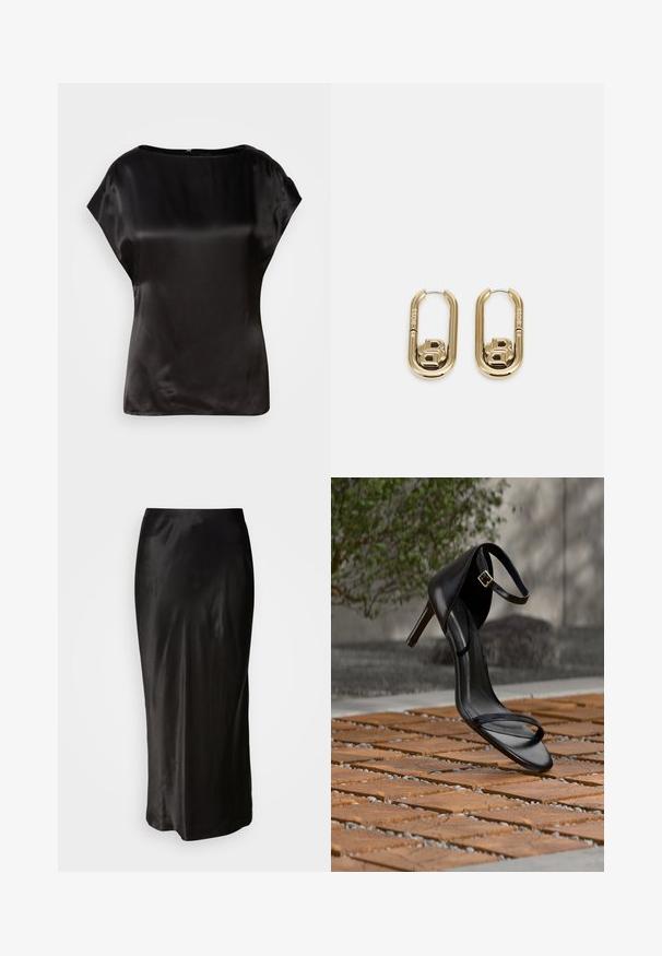 Zwarte satijnen top met een boot neckline, kapmouwen en een subtiele glans. Voorzien van een verborgen ritssluiting op de rug. Gladde textuur.; Zwarte satijnen rok met een gladde textuur. Vloerlange uitvoering met een strakke taille en een lichte flare aan de zoom. Geen zichtbare patronen of hardware.; Zwarte hoge hak sandaal met enkelbandje zweeft boven een houten tegelvloer buiten, met een onscherpe groene en stenen achtergrond.; BOSS DOUBLE B SWING - Oorbellen - gold-coloured
