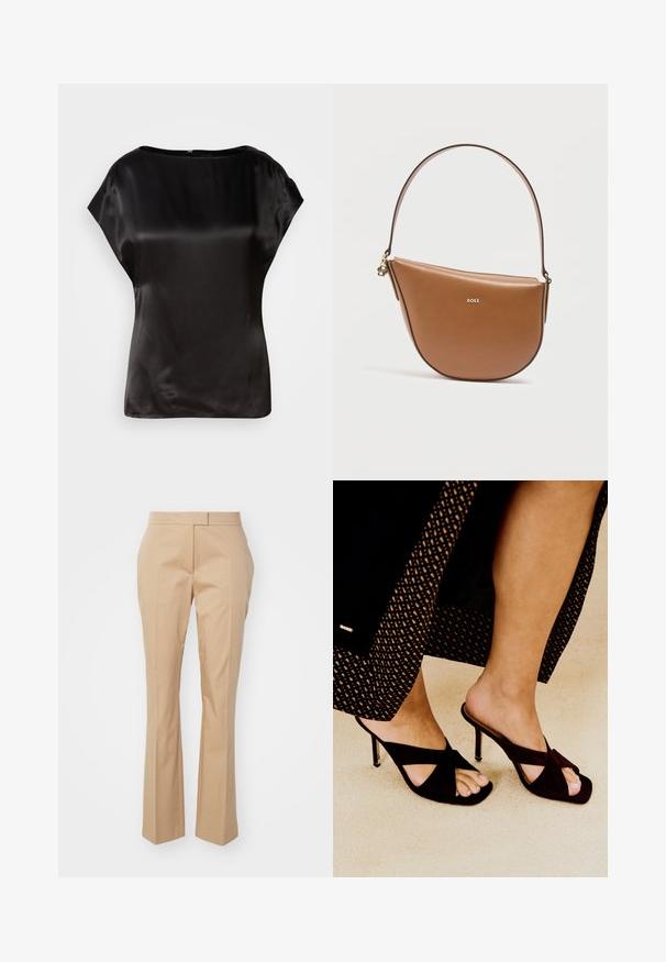 Top en satin noir avec un col bateau, des manches courtes et un léger éclat. Présente une fermeture éclair dissimulée au dos. Texture lisse.; Pantalons beiges ajustés avec une coupe droite, fabriqués en tissu lisse, présentant un devant plat et sans poches visibles.; Pieds nus dans des sandales mules noires à talons hauts et bout ouvert avec des brides croisées, debout sur un sol clair texturé, portant une jupe noire à motifs.; Sac à main en cuir marron en forme de demi-lune avec une bandoulière unique, logo BOSS doré sur le devant et petit détail de tirette dorée sur le côté.