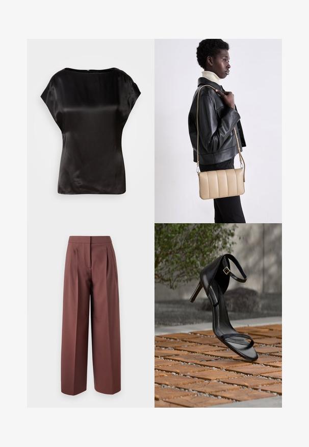 Top en satin noir avec un col bateau, des manches courtes et un léger éclat. Présente une fermeture éclair dissimulée au dos. Texture lisse.; Pantalons larges marron à taille haute, dotés de plis à l'avant, au design ajusté et à la texture de tissu lisse.; Sandale noire à talon haut avec sangle à la cheville, suspendue au-dessus d'un sol en carreaux de bois à l'extérieur, avec un arrière-plan flou de verdure et de pierre.; Sac en cuir beige en bandoulière avec un design matelassé, de forme rectangulaire, avec une fine sangle et des détails en métal argenté, porté par une personne en veste noire.