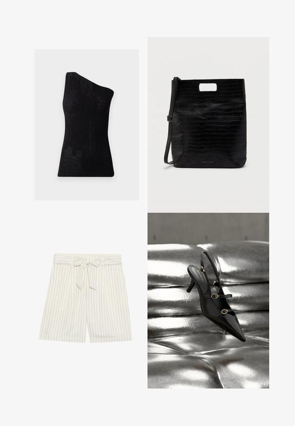 Top negro de un solo hombro hecho de una tela texturizada, con un patrón acanalado y un diseño ajustado. Acabado suave sin hardware visible.; Pantalones cortos a rayas blancas con cintura con cinturón. La tela presenta líneas oscuras estrechas, y el diseño incluye pliegues para mayor detalle.; Zapato de tacón slingback negro con punta puntiaguda y dos correas con hebillas doradas, descansando sobre una superficie acolchada plateada y brillante.; Bolso tote de cuero sintético negro con textura de cocodrilo, forma rectangular, corte en el asa superior y correa de hombro detachable. Logo de la marca visible.