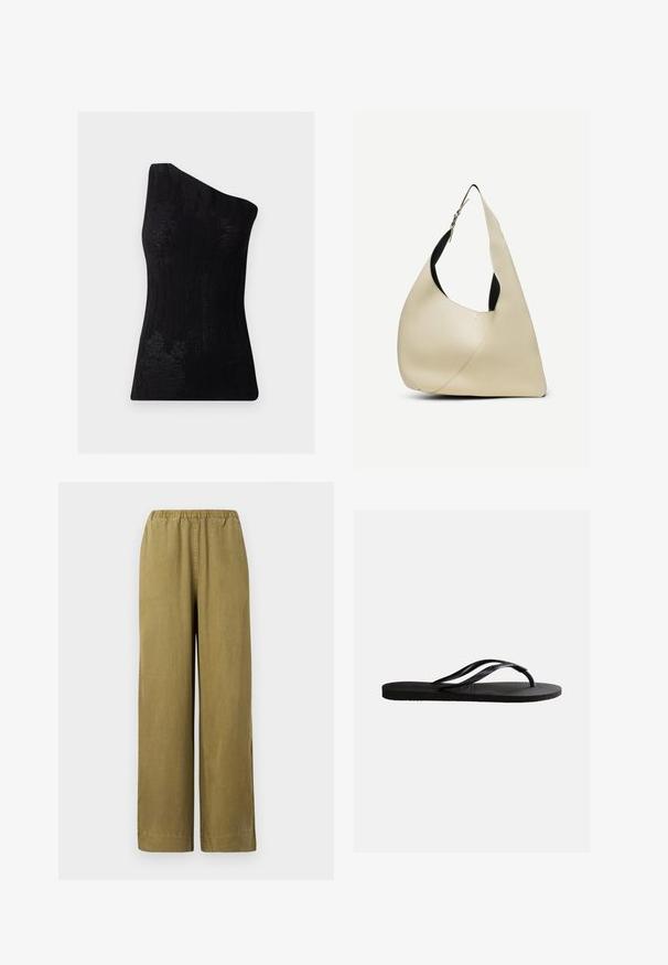 Top negro de un solo hombro hecho de una tela texturizada, con un patrón acanalado y un diseño ajustado. Acabado suave sin hardware visible.; Pantalones de pierna ancha en caqui con cintura elástica, hechos de material de algodón suave. Presentan aberturas laterales y un corte recto, ofreciendo un ajuste relajado.; Chancla negra de goma con plantilla texturizada y finas correas en forma de Y sobre un fondo blanco liso.; Bolso de hombro de cuero liso color crema con forma triangular curva y correa ajustable con hebilla plateada.