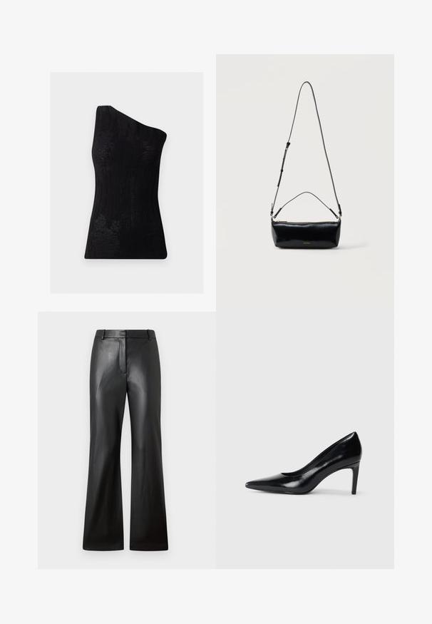 Top negro de un solo hombro hecho de una tela texturizada, con un patrón acanalado y un diseño ajustado. Acabado suave sin hardware visible.; Pantalones de cuero negro con una textura suave, diseño de pierna ancha y una cinturilla de altura media que presenta trabillas para cinturón y bolsillos frontales.; Zapato de tacón alto de cuero negro con punta afilada, textura suave y tacón en forma de cono. Diseño minimalista, sin adornos adicionales.; Bolso cruzado rectangular de cuero negro con correa de hombro ajustable, cremallera superior y pequeño logo dorado de Calvin Klein en el frente.