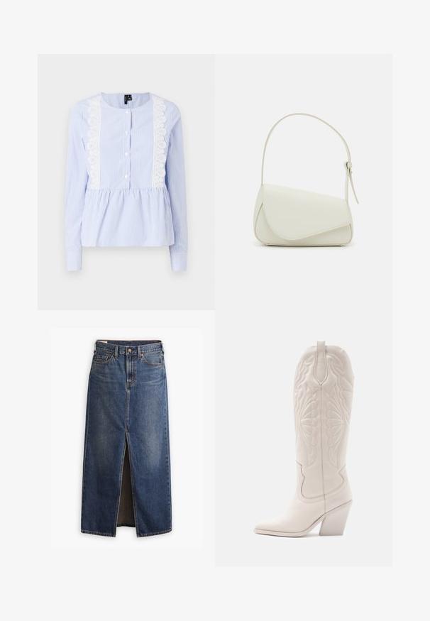 Chemise rayée bleu clair à manches longues, avec des dentelles sur les côtés, une fermeture à boutons à l'avant et un bas peplum froncé. Texture de tissu douce.; Levi's® Jupe longue - wave hello; Bottine de cowboy en cuir blanc avec un bout pointu et un talon bloc. Présente des motifs de broderie complexes sur la tige et une texture lisse.; Sac à main en cuir synthétique blanc avec une forme triangulaire structurée, une bandoulière unique réglable et un rabat à courbes accentuées.