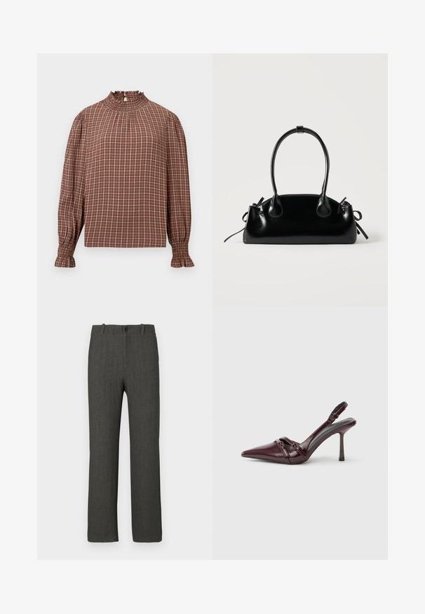 Blouse à manches longues à carreaux bruns avec un col haut volanté, des poignets élastiqués et une coupe ample. Présente des lignes blanches en damier sur l'ensemble.; Pantalon gris à texture lisse, coupe droite, avec un motif à carreaux discret. Il présente une fermeture à bouton et des passants pour ceinture.; Escarpin slingback en cuir verni bordeaux avec bout pointu, fine bride à la cheville et petit détail décoratif de boucle. Texture lisse et talon haut.; Petit sac à main noir brillant avec deux longues anses et des détails à cordon sur les côtés sur un fond clair uni.