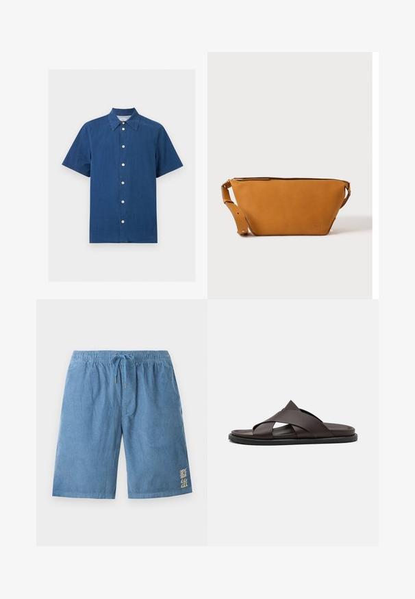 Chemise bleue en velours côtelé à manches courtes, boutonnée avec des boutons blancs et un col pointu, présentée sur un fond uni.; Short en velours côtelé bleu avec taille élastique et cordon, présentant une petite broderie de soleil et de vague sur la partie inférieure gauche de la jambe.; Stuart Weitzman BERKLEY - Mules - espresso; Sac bandoulière en cuir marron clair avec sangle réglable et fermeture éclair, présenté sur un fond clair uni.