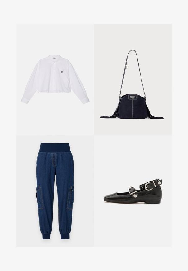 Biela cropped košela na gombíky s dlhými rukávmi, so klasickým golierom a malým čiernym vyšitým logom na ľavej hrudi.; Denim jogger nohavice so širokým elastickým pásom, dvoma bočnými cargo vreckami a rebrovanými členkami; tmavo modrá farba s kontrastným prešívaním.; Čierne lakované baleríny so štvorcovou špičkou, remienkom okolo členka so striebornými prvkami a plochou podrážkou. Hladký povrch s minimalistickým dizajnom.; Tmavomodrá semišová kabelka s bielym prešitím, výrezovou rukoväťou, vzorovaným ramenným popruhom a dlhými strapcami na oboch stranách.