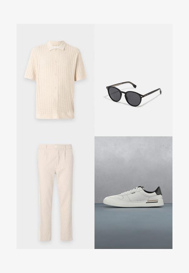 Kurzärmliges Button-Down-Hemd in hellem Creme, mit einem strukturierten Strickmuster, Kragen und fünf Knöpfen an der Vorderseite.; Beige gemusterte Hose mit dezentem Blattmuster, gut geschnitten, mit Knopfverschluss und Seitentaschen. Glatte Stofftextur.; Weißer Sneaker mit niedrigem Schnitt und schwarzer Ferse, Schnürverschluss, dezenten Perforationen und "BOSS"-Logo an der Seite, gezeigt von der äußeren Seitenansicht.; BOSS Sonnenbrille - black