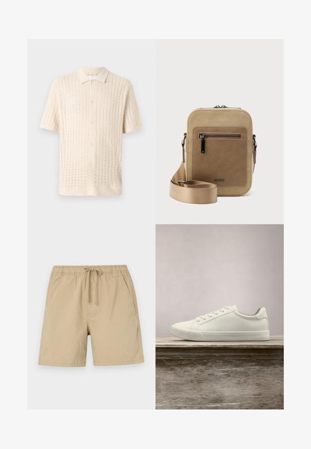 Korte mouw knoopshirt in lichtroom, met een gestructureerd breipatroon, een kraag en vijf knopen aan de voorkant.; Beige shorts van katoen met een elastische tailleband, een trekkoord en zijzakken. Gladde textuur en boven de knie lengte.; Witte vetersneaker die boven een houten bank zweeft met groene bladeren op de achtergrond, waarbij het ontwerp en de textuur van de schoen worden getoond.; Kleine beige crossbodytas met een voorvak met ritssluiting, metalen ALDO-logo, verstelbare brede band en afgeronde rechthoekige vorm op een witte achtergrond.