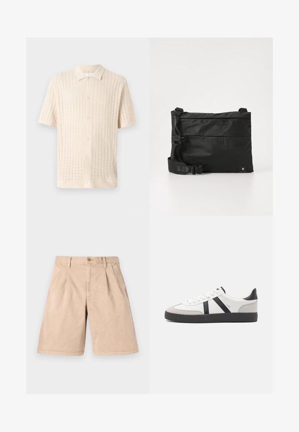 Kortærmet skjorte med knaplukning i lys creme, med et struktureret strikkemønster, krave og fem knapper ned ad fronten.; Beige shorts lavet af bomuld, med en lige pasform, plisseret front, sidelommer og en enkelt knaplukning i taljen.; Hvide sneakers med sorte og grå detaljer, med en tekstureret grå tåhætte, sort gummisål og flade hvide snørebånd. Rent design, minimalistisk stil.; Sort nylon messenger-taske med justerbar rem, fladt design og et sideetiket med et logo. Glat tekstur og minimalistisk stil.