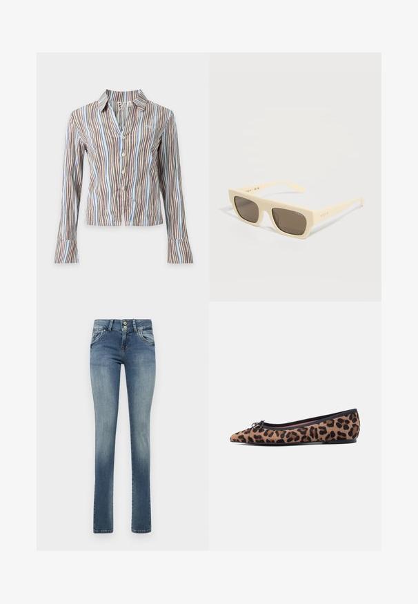 Skjorte med lange ærmer og knapper med lodrette striber i blå, brun, hvid og pink, med krave og broderet logo på brystet.; Lysblå denim jeans med lige ben-design, to forlommer, en falmet finish og en lille slidse detalje på højre lår.; Flad sko med leopardmønster lavet af blødt materiale, med spids tå, sort kant og en lille sløjfe foran.; Rektangulære solbriller i cremefarve med mørke linser og Vogue-logo på brillestangen og linsen, vist mod en hvid baggrund.
