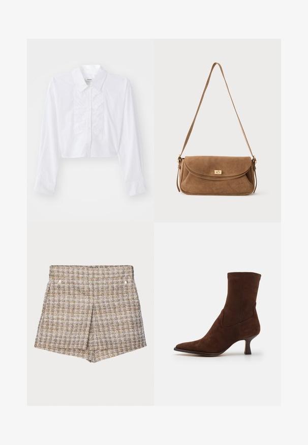 Korte witte blouse van glad katoen, met een frontale geplooide detail, puntige kraag en lange mouwen met knoopsluiting.; Bruine geruite geweven shorts met een gestructureerde afwerking, voorzien van twee zilveren drukknoopjes aan de voorkant en een op maat gemaakte, gestructureerde uitstraling.; Dolce Vita ARYA - Lage laarzen - dark brown; Bruine suède schoudertas met een lange riem en een gouden rechthoekige draaivergrendeling op de voorklep tegen een effen achtergrond.