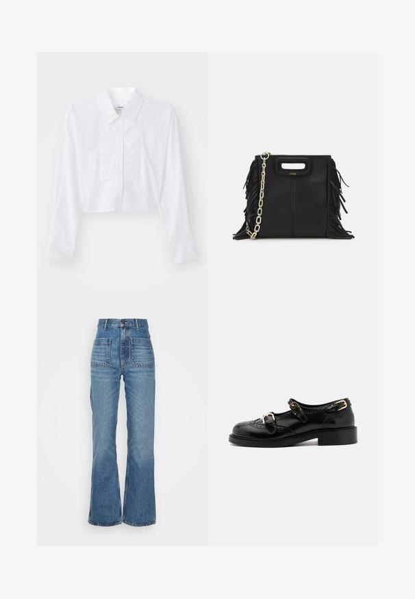 Gr cropped weißes Hemd aus glattem Baumwollstoff, mit einer Rüschendetail an der Vorderseite, spitzem Kragen und langen Ärmeln mit geknöpften Manschetten.; Hoch taillierte blaue Jeans aus Denim mit weitem Bein, zwei Fronttaschen und zwei Gesäßtaschen; strukturiert mit einem ausgewaschenen Look.; Schwarze Lederschuhe mit Broguedetails, ausgestattet mit zwei Schnallenriemen, einer abgerundeten Zehenpartie und einem flachen Absatz. Glatte Textur mit glänzendem Finish.; Schwarze Lederhandtasche mit Fransen-Details, goldener Ketten-Schulterriemen und einem ausgeschnittenen Griff. Mit Logoplatzierung auf der Vorderseite.