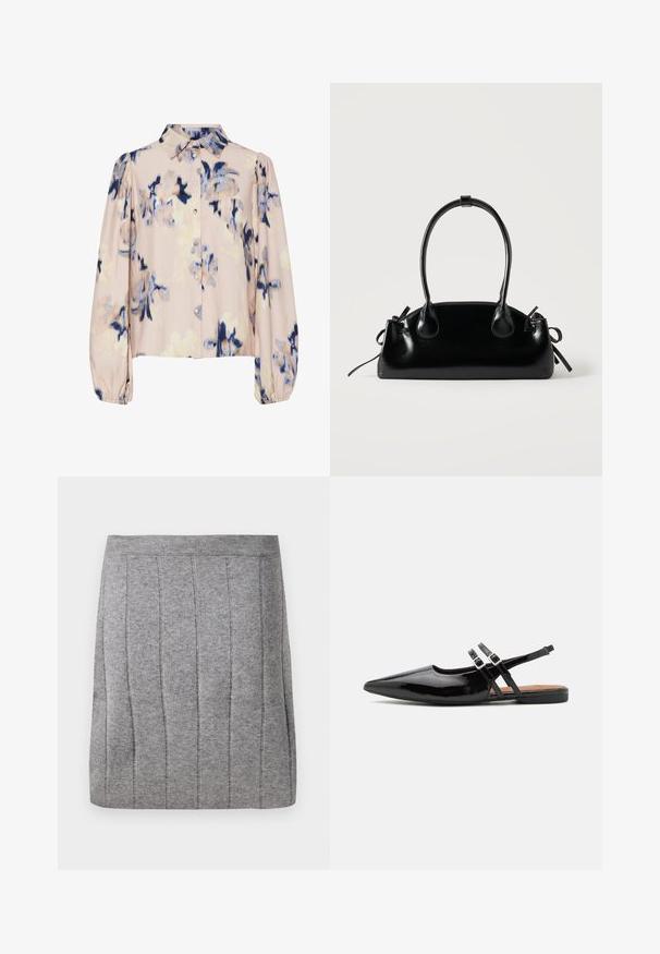 Chemisier à manches longues avec col, fond beige, imprimé floral abstrait bleu et beige, fermeture à boutons sur le devant et poignets élastiques.; Object OBJTHESS - Minijupe - medium grey; Des chaussures slingbacks en cuir verni noir présentent un bout pointu, deux sangles avec des accents de boucle, et une semelle plate.; Petit sac à main noir brillant avec deux longues anses et des détails à cordon sur les côtés sur un fond clair uni.