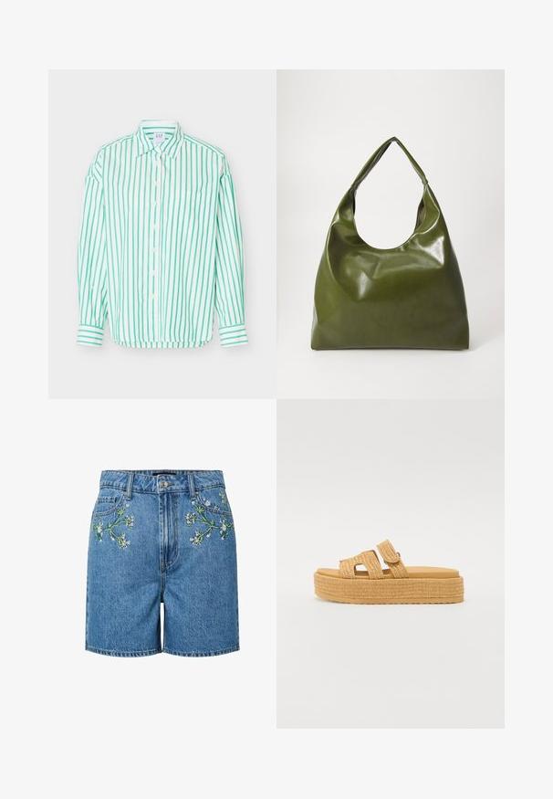 Hvid skjorte med knapper med grønne, lodrette striber, lange ærmer, brystlomme og spids krave.; Blå denimshorts med foran blomsterbroderi, knap- og lynlås lukning samt forlommer.; Steve Madden BIGMISSILE - Hjemmesko - beige; Grøn læder hobo taske med en slouchy design, buet håndtag og glat tekstur. Indeholder ingen synlig hardware eller accenter.