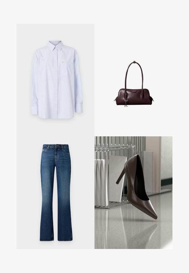 Lyseblå og hvid stribet knap-Op skjorte med klassisk krave, lange ærmer, en brystlomme og et lille logo mærke.; Flare jeans i en medium blå vask, med et klassisk fem-lomme design, knaplukning og en let slidt tekstur.; Mørkebrunt læderhæl med høj hæl, der svæver over en reflekterende gulvplade nær en metalhylde med hvide paneler i et rum.; Mørkebrun lædertaske fra Calvin Klein med lange dobbelte håndtag og en lille logohængende ved det ene håndtag.