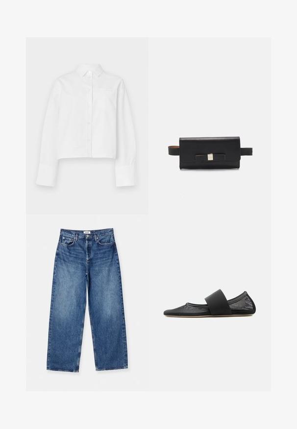 Hvid kortærmet skjorte lavet af bomuld. Har en klassisk krave, lange ærmer, frontknapper og en lomme på venstre bryst.; Lysblå vid ben jeans lavet af denim, med et klassisk fem-lomme design, synlig syning og en mid-rise talje.; Sort fladsko med netmateriale, rundet tå og bred elastisk rem over vristen, vist i sideprofil på ensartet baggrund.; Sort læderclutch med rektangulær form, en frontdetalje i form af en sløjfe og en lås i guldfarve. Har en rem for nem transport.