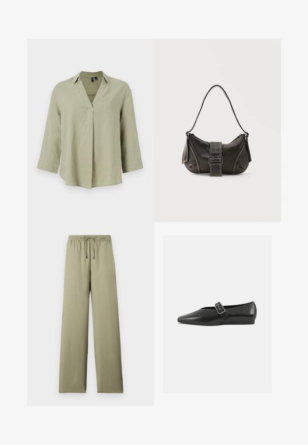 Chemise en lin vert olive avec un col en V, des manches longues et une coupe décontractée. Présente un détail de couture centrale et des poignets retroussés.; Pantalons larges vert olive avec une taille élastique, cordon de serrage ajustable et une texture lisse. Pas de motifs ni d'accents visibles.; Chaussure plate en cuir noir avec un orteil pointu, présentant une sangle à boucle métallique sur le cou-de-pied et une semelle basse et flexible.; Sac à épaule en cuir noir avec une sangle à boucle, des bords arrondis et des coutures blanches contrastées sur un fond uni.