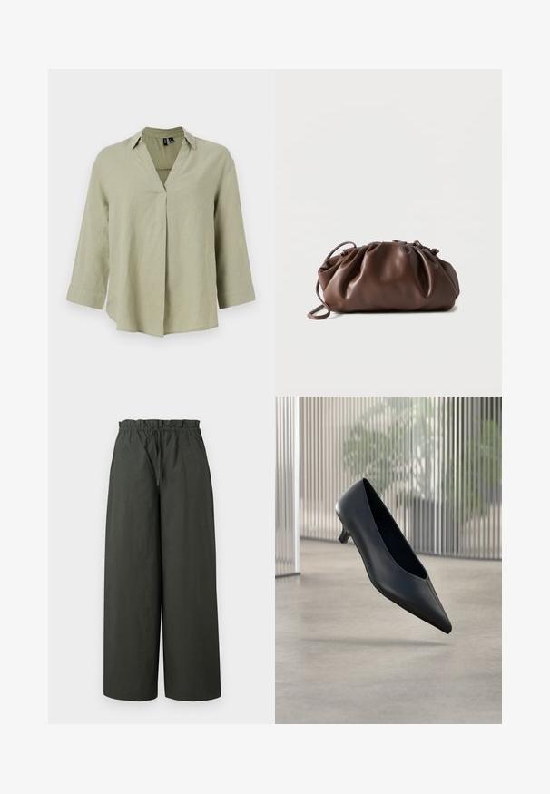 Chemise en lin vert olive avec un col en V, des manches longues et une coupe décontractée. Présente un détail de couture centrale et des poignets retroussés.; Pantalons à jambe large en tissu vert foncé, dotés d'une taille élastique et d'une texture lisse, sans matériel ou motifs visibles.; Chaussure noire à talon kitten à bout pointu flottant au-dessus d'un sol en béton lisse avec des panneaux translucides verticaux en arrière-plan.; Sacoche en cuir marron doux avec un haut froncé et une fine bandoulière, posée sur un fond blanc.