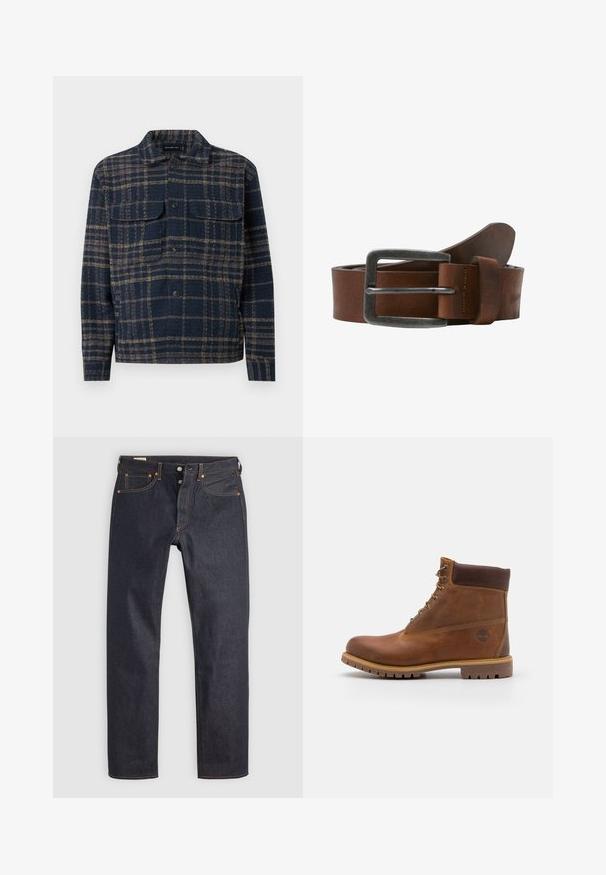 Chemise-veste à carreaux bleu marine et marron avec boutons, deux poches poitrine à rabat, col classique, manches longues et ourlet droit.; Jean en denim bleu foncé à coupe droite, avec des coutures orange et un style classique à cinq poches. Fermeture par bouton et braguette à glissière.; Botte de randonnée en cuir marron avec une finition lisse, cheville rembourrée, œillets en métal et semelle en caoutchouc dotée d'un motif de crampons robuste.; Ceinture en cuir marron avec une boucle en métal brossé, elle présente une texture lisse et un design classique. La sangle s'amincit vers l'extrémité.