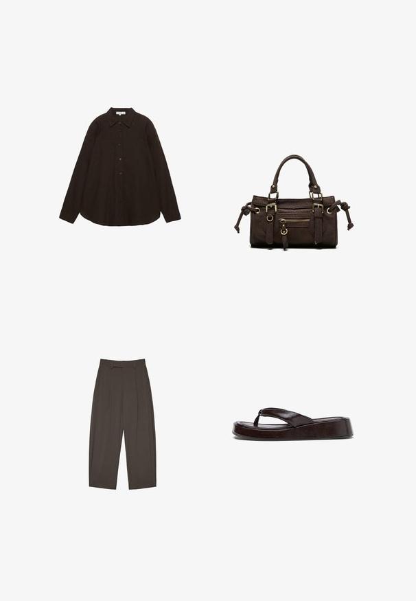 Chemise à manches longues marron foncé avec boutons et col, étalée à plat sur un fond blanc.; Pantalon marron foncé taille haute à jambes larges avec passants de ceinture, plis devant et fermeture éclair devant sur fond blanc.; Sandale tong plate-forme marron foncé avec semelle épaisse et rembourrée et larges sangles en cuir, vue de côté sur fond blanc.; Sac à main en cuir marron foncé avec double poignée, poche avant zippée, boucles décoratives et nœuds latéraux sur fond blanc.