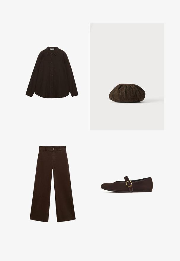 Donkerbruine blouse met lange mouwen en knopen, met een kraag, plat gelegd op een witte achtergrond.; Bruine wijde broek in katoenmix, met een rafelige zoom, sluiting met een knoop aan de voorkant en een klassieke vijf-pocketstijl. Minimalistisch en veelzijdig.; Bruine platte schoen met een ronde neus, een bovenwerk van glad leer en een dunne band over de wreef die is vastgezet met een gouden gesp.; Bruine baret van textuurstof met een subtiel bloemig kanten patroon, bovenaan bijeengehouden, liggend op een wit oppervlak.