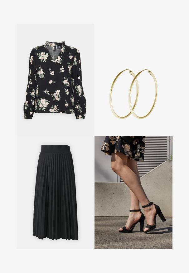 Vero Moda Petite VMEASY VOLUME TOP - Bluse - black aop/sandy black; Sort plisseret nederdel med en bredtalje, prydet med ensartede lodrette folder. Glat tekstur med et svævende design.; Sorte ruskinds høje hæle sandaler har et ankelstrop med spænde, åben tå design og en kraftig hæl. Glat tekstur og minimalistisk stil.; Guld hoops øreringe med et glat, rundt design og en blank finish. Letvægts konstruktion med en sikker låsemekanisme.