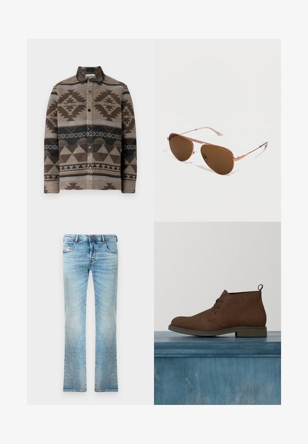 Braunes Wollhemd mit Knopfleiste und geometrischen Mustern in Dunkelbraun, Grau und Schwarz. Mit Kragen und Knöpfen vorne.; Helleblaue Denim-Jeans mit geradem Schnitt, Fünf-Taschen-Design und leichter Ausbleichung. Mit metallischem Knopf und Reißverschlussverschluss.; Braune Wildleder-Stiefeletten mit abgerundeter Spitze, Schnürung vorne und strukturierter grauer Sohle. Inklusive kleinem Zuglasche hinten zur Erleichterung.; Flieger-Sonnenbrille mit dünnem Rahmen aus roségoldfarbenem Metall und braun getönten Gläsern, auf einer weißen Oberfläche liegend.
