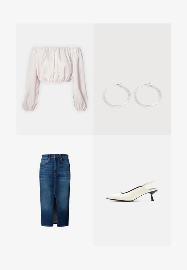 Cropped Off-the-Shoulder-Top aus weichem, rosa Satin, mit puffartigen langen Ärmeln und elastischen Bündchen, dazu ein geraffter Oberteil für eine definierte Silhouette.; Dunkelblauer Jeans-Midirock mit vorderem Schlitz, Knopfverschluss, Gürtelschlaufen und Fronttaschen.; Cremfarbener Slingback-Schuh mit spitzer Spitze, niedrigem schwarzem Kitten-Heel und glattem Lederfinish vor weißem Hintergrund.; Paar glänzende silberne Creolen mit dünnen Drahtverschlüssen, dargestellt vor einem hellgrauen Hintergrund.