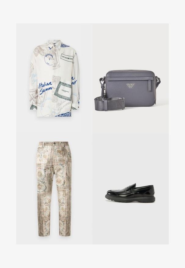 Chemise blanche à boutons avec des imprimés graphiques bleus, gris et verts ainsi que du texte incluant "Italian Summer" et "Emporio Armani Milano".; Pantalon à jambes droites avec un imprimé vintage complexe représentant des soleils, des fleurs et des motifs ornementaux dans des tons doux.; Mocassin en cuir noir avec une finition brillante, bout arrondi, détails de couture subtils et semelle en caoutchouc épaisse pour la durabilité.; Sac bandoulière rectangulaire gris foncé avec sangle réglable, poche avant zippée et emblème de logo argenté.