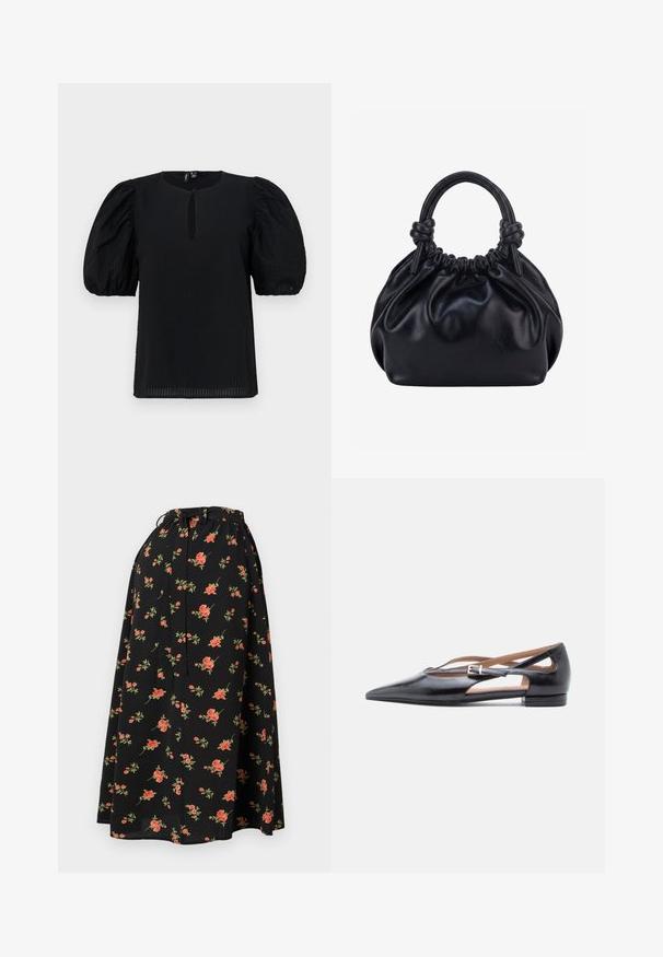 Blouse noire avec des manches bouffantes, décolleté rond et un petit détail en forme de trou à l'avant. Tissu texturé avec un motif à carreaux subtil.; Jupe noire à motifs floraux avec une taille à cordon, ornée de motifs de fleurs rouges et vertes, et d'une texture légère et fluide.; Chaussures plates en cuir noir avec un bout pointu, des côtés ouverts et une petite bride de cheville ornée d'une boucle argentée.; Sac à main en cuir noir souple avec le dessus froncé et deux grosses poignées nouées sur un fond uni clair.
