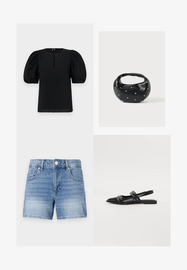 Sort bluse med puffede ærmer, rund halsudskæring og en lille nøglehulldetalje foran. Teksturert stof med subtil rutemønster.; Lyseblå denimshorts med knaplukning foran, lynlåslukning, bæltestropper og forlommer på en ens hvid baggrund.; Even&Odd by Zalando Slingback-ballerinasko - black; Sort læderhåndtaske med en rundet form, dekoreret med sølvnitter, og et kort håndtag. Glat tekstur og lynlåslukning.