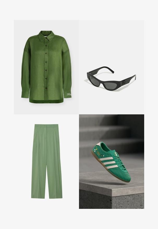 Camisa de manga larga verde oliva con botones, cuello y ajuste relajado, con detalle bordado en el puño izquierdo.; Pantalones de pierna ancha verdes hechos de tela suave. Presentan pliegues en el frente, un cierre de botón único y pasadores para cinturón.; Zapatilla verde con tres franjas blancas, detalles florales, parte superior texturizada y pestaña trasera rosa. Suela de goma para tracción.; Gafas de sol negras con un marco delgado y angular, lentes oscuros y detalle de logo embosado en la patilla. Acabado suave mate.