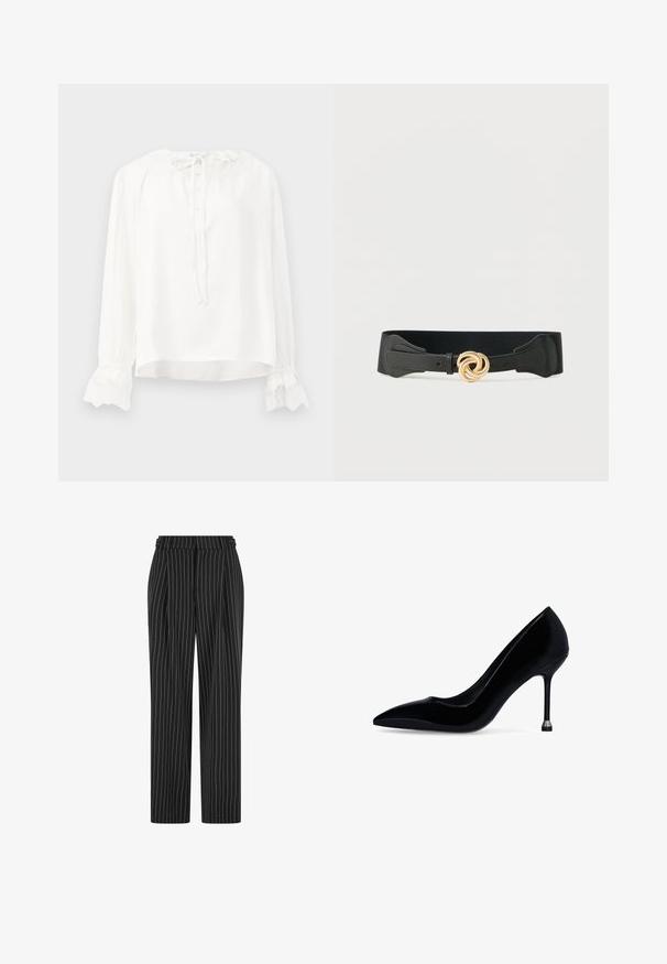 Weiße Bluse mit langen Ärmeln aus glattem Stoff, versehen mit einem runden Halsausschnitt, Knopfverschluss und Spitzenbesatz an den Säumen. Mit einer Krawatte am Hals verstellbar.; Schwarze Nadelstreifenhose mit hoher Taille, gefaltetem Vorderteil und geradem Bein. Der Stoff wirkt strukturiert und ist maßgeschneidert für einen formellen Look.; Schwarzer Lackleder-Pumps mit spitz zulaufender Vorderkappe und kleinem Stilettoabsatz, mit einer metallischen Spitze an der Absatzbasis, vor weißem Hintergrund.; Schwarzer elastischer Taillengürtel mit eingenähten Lederenden und einer dekorativen, goldenen, verdrehten Knoten-Schnalle, zentriert auf weißem Hintergrund.