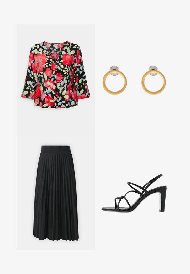 Object Petite OBJLIMONE - Bluse - hot coral; Sort plisseret nederdel med en bredtalje, prydet med ensartede lodrette folder. Glat tekstur med et svævende design.; Sorte hælede sandaler med tynde stropper, en tekstureret overflade, åben tå og et slankt, spidst hældesign. Har en glat indersål og en skinnende overflade.; Guldtonede metaløreringe med cirkulære trædetaljer, der har en glat overflade og et minimalistisk design. Silhuetten understreger enkelheden.