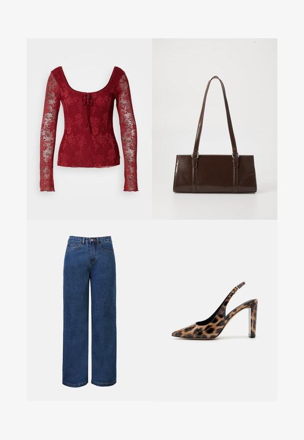 Haut rouge à manches longues en dentelle avec un motif floral, présentant un décolleté carré et un lien à l'avant. Manches transparentes et bords festonnés.; Jean large en denim bleu foncé avec taille haute, doté d'une fermeture à bouton, de passants de ceinture et de poches avant et arrière. Texture lisse.; Escarpin à dos nu en imprimé léopard avec un bout pointu et un talon bloc transparent. Fabriqué en matériau brillant avec une texture lisse.; Sac à main en cuir verni marron de forme rectangulaire, avec deux longues poignées et des accents courbés subtils à l'avant.