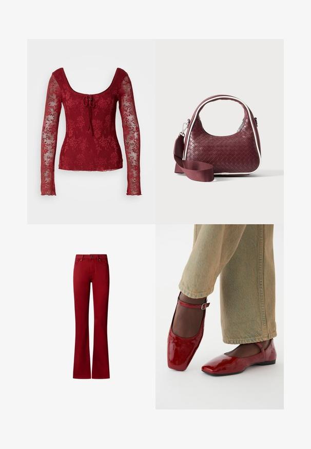 Rød langærmet top lavet af blonde med et blomstermønster, der har en firkantet halsudskæring og et bånddetalje foran. Gennemsigtige ærmer og bølgede kanter.; Røde bootcut-bukser med forreste knap, lynlås og fem-lomme-stil, vist på en hvid baggrund.; Røde patentlæder sko med firkantet tå, lav hæl og ankelrem, parret med lysegrønne vide bukser. Glat tekstur, reflekterende overflade.; Mørkerød vævet lædertaske med buet hank, hvid kant, sølv lynlås og aftagelig bred stofskulderrem mod en ensfarvet baggrund.