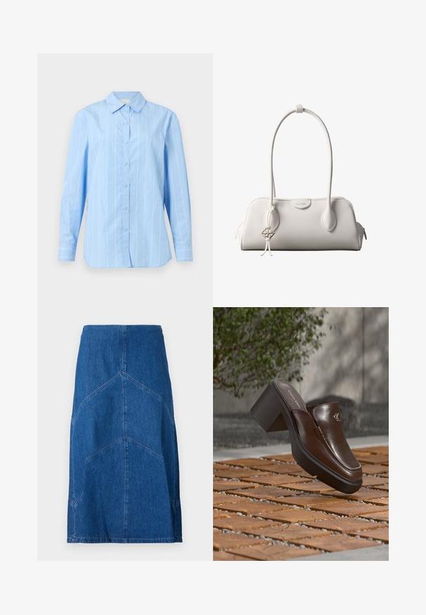 Lichtblauw overhemdd met verticale witte strepen, lange mouwen, puntige kraag en knoopmanchetten. Gemaakt van katoen met een gladde textuur.; Denim kokerrok in donkerblauw met verticale naden en een rechte silhouet. Kenmerkt zich door een tailleband en een ruwe zoom.; Bruine leren Calvin Klein mule met hak die boven houten tegelvloer zweeft met een vervaagde groene plant en muur op de achtergrond.; Witte Calvin Klein schoudertas met lange hengsels, rechthoekige vorm, ritssluiting en decoratieve logohanger bij het hengsel.