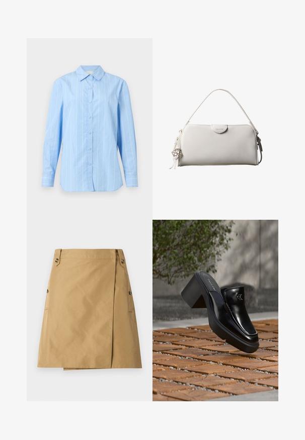 Chemise bleu clair à boutons avec des rayures blanches verticales, manches longues, col pointu et poignets boutonnés. Matériau en coton avec une texture lisse.; Jupe beige en tissu lisse avec un revêtement avant, dotée de deux poches latérales et de deux boutons à la taille.; Mule slip-on en cuir noir Calvin Klein avec talon bloc reposant sur des carreaux en bois à l'extérieur près d'une plante verte et d'un mur gris.; Sac à main rectangulaire blanc Calvin Klein avec une seule poignée, design minimaliste et pampilles décoratives avec un charm métallique géométrique sur le côté.