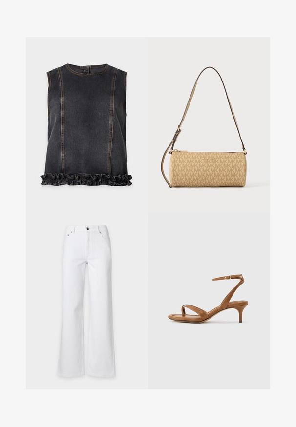 Top sin mangas de denim negro con costuras verticales y detalle de volante en el bajo, con costuras en contraste naranja y cierre trasero con botones.; Vaqueros blancos de cintura alta con cierre de botón y cremallera, bolsillos delanteros y piernas anchas.; Sandalia de cuero marrón con tiras, tacón bajo de estilo kitten y una correa en el tobillo con una pequeña hebilla, mostrada de lado sobre un fondo liso.; Bolso cilíndrico beige de Michael Kors con patrón repetido de logo, cremallera dorada y correa ajustable color marrón oscuro para el hombro.