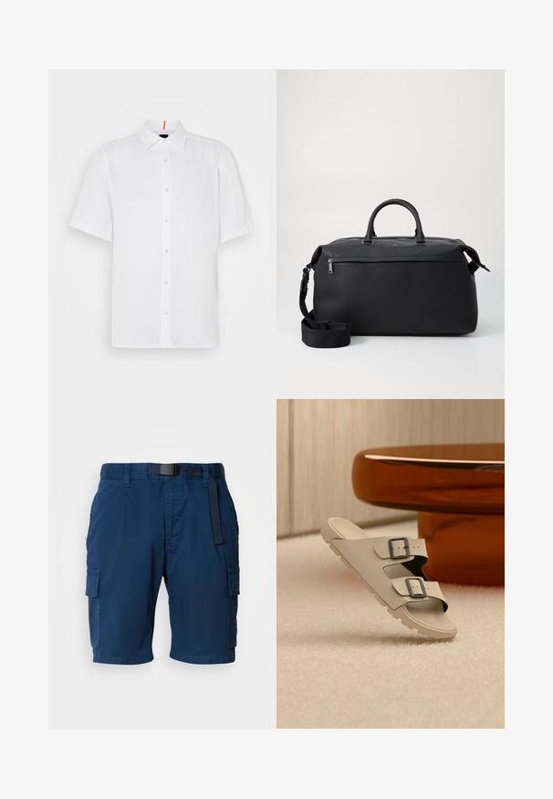 Chemise blanche à manches courtes en lin, au cut droit. Elle présente un devant à boutons, un col classique et des détails de couture discrets.; Shorts de travail bleu marine en tissu léger, avec une taille ceinturée, des poches latérales et une texture subtile.; Sandale beige avec deux boucles noires en équilibre sur un sol blanc texturé, devant une table ronde et brillante couleur ambre, dans une pièce minimaliste.; Sac de voyage en cuir noir avec deux poignées supérieures, une bandoulière amovible et une poche avant zippée pour un espace de rangement supplémentaire.