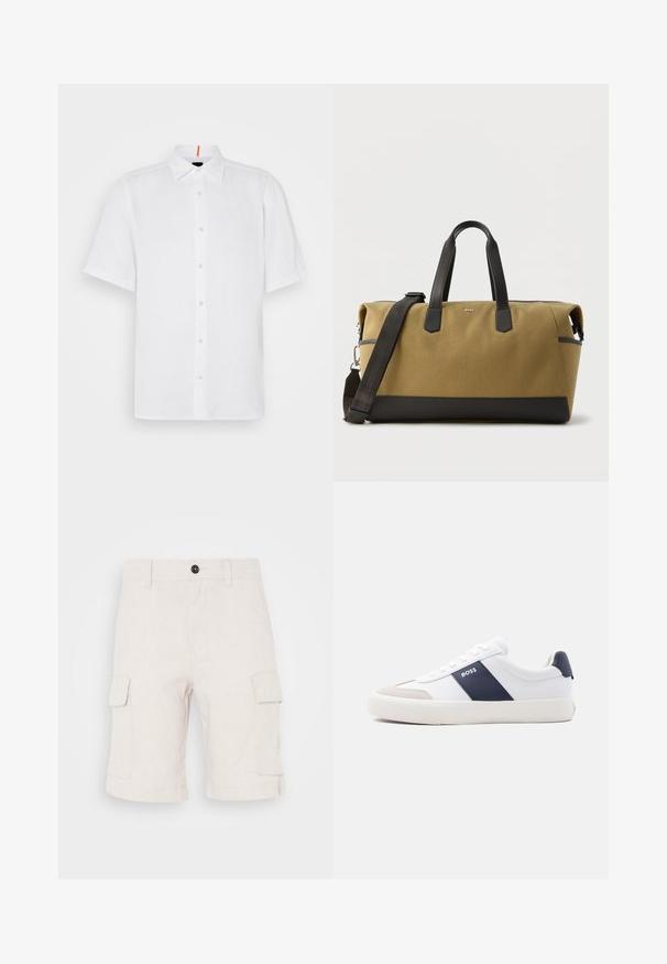 Weißes kurzärmliges Hemd aus Leinen mit geradem Schnitt. Es verfügt über eine durchgehende Knopfleiste, einen klassischen Kragen und subtile Stickdetails.; Beige Cargo-Shorts aus leichtem Stoff, mit zwei seitlichen Taschen und umgeschlagenem Saum. Knopfverschluss an der Taille.; Weißer Sneaker mit niedrigem Schaft, marineblauem Seitenstreifen, "BOSS" Logo, beiger Zehenkappe und weißer Sohle, seitlich auf hellem Hintergrund gezeigt.; Große Reisetasche aus braunem und schwarzem Stoff mit schwarzen Ledergriffen und abnehmbarem Schultergurt, rechteckige Form, BOSS-Logo auf der Vorderseite.