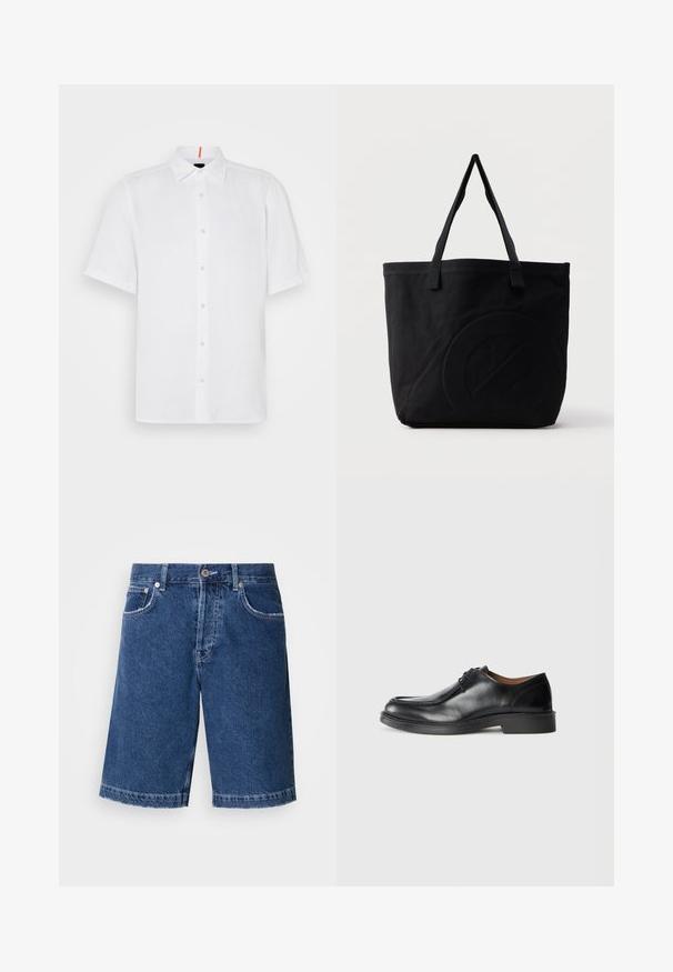 Witte korteyorkhemd van linnen met een rechte snit. Kenmerkt zich door een knoopsluiting aan de voorkant, klassieke kraag en subtiele stiksels.; Donkerblauwe denim shorts met een rechte snit, twee voorzakken en een klassieke knoopsluiting. Gestikte zoom met lichte vervaging.; Zwarte leren dresschoenen met een ronde neus, een gladde afwerking, veters en een lage, gestructureerde rubberen zool. Strakke lijnen en een minimalistisch ontwerp.; Zwarte canvas tas met twee schouderbanden en een subtiel, ingebosseleerd cirkelvormig ontwerp aan de voorkant.