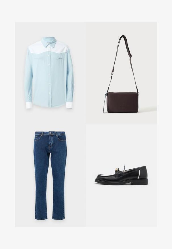 Chemise à boutons bleu clair avec empiècement blanc aux épaules et aux poignets, col pointu, et deux poches poitrine horizontales avec des coutures en forme de flèche.; Jean en denim bleu foncé avec une coupe droite, cinq poches et un bouton métallique à la taille. Texture lisse avec une décoloration minimale.; Mocassin en cuir noir avec un bout arrondi, des accents blancs et des détails en or sur le dessus. Présente un empiècement texturé et un talon empilé.; Sac bandoulière en cuir marron foncé texturé avec une sangle réglable et un petit accent décoratif bleu sur le côté.