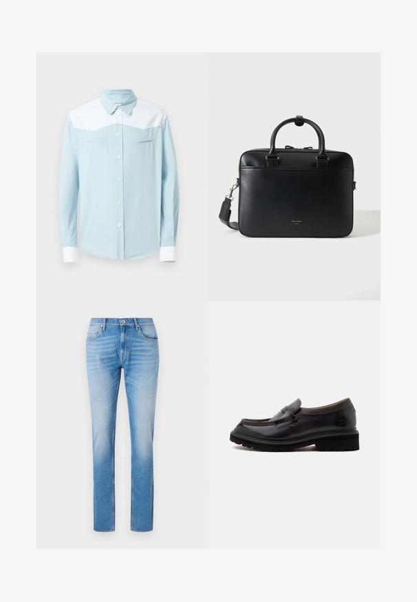 Lyseblå skjorte med knapper, hvid skulderstykke og manchetter, spids krave og to vandret brystlommer med pil-formet syning.; Lyseblå denimjeans med lige snit, der har et klassisk fem-lomme design, kontraststikning og en let falmeffekt.; Sort lædersko med tyk gummisål og tekstureret krave, sidevisning på almindelig lys baggrund.; Sort lædermappe med dobbelte håndtag og aftagelig skulderrem, minimalistisk design på ensfarvet baggrund.