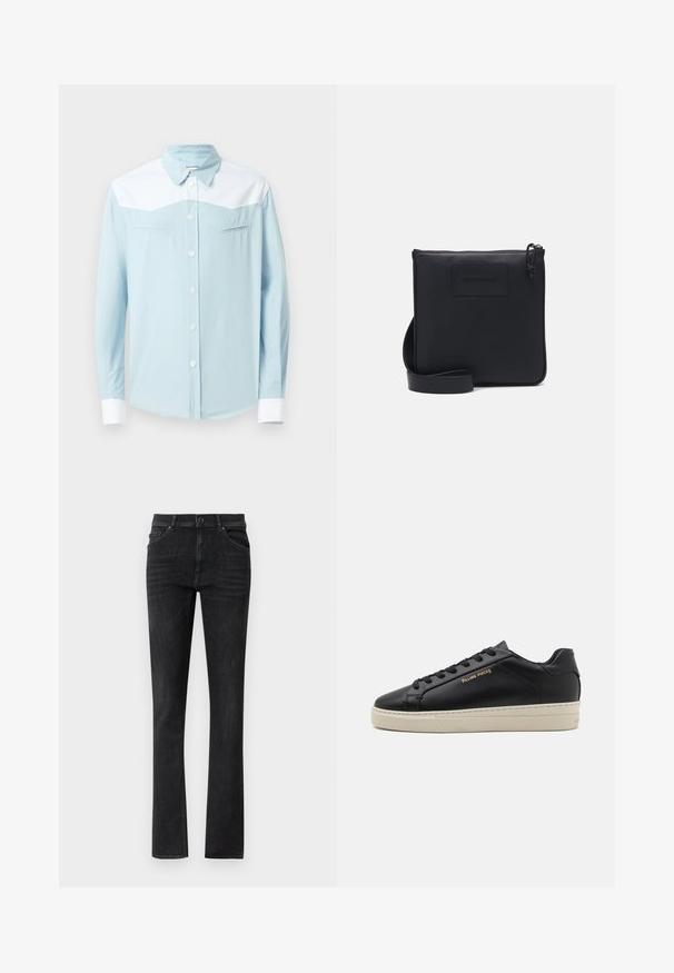 Lichtblauw overhemd met knopen, witte schouderbies en manchetten, puntige kraag en twee horizontale borstzakken met pijlvormige stiksels.; Zwarte denim jeans met een rechte pijp, voorzien van steekzakken en een knoopsluiting. Glad textuur met subtiele vervaging.; Zwarte leren sneaker met een gladde afwerking, contrasterende crèmekleurige zool, ronde neus, gouden logo aan de zijkant en zes gaatjes voor veters.; Zwarte leren schoudertas met een gestructureerde afwerking, rechthoekige vorm, ritssluiting en verstelbare schouderband. Kenmerkt zich door een subtiele merklogo aan de voorkant.