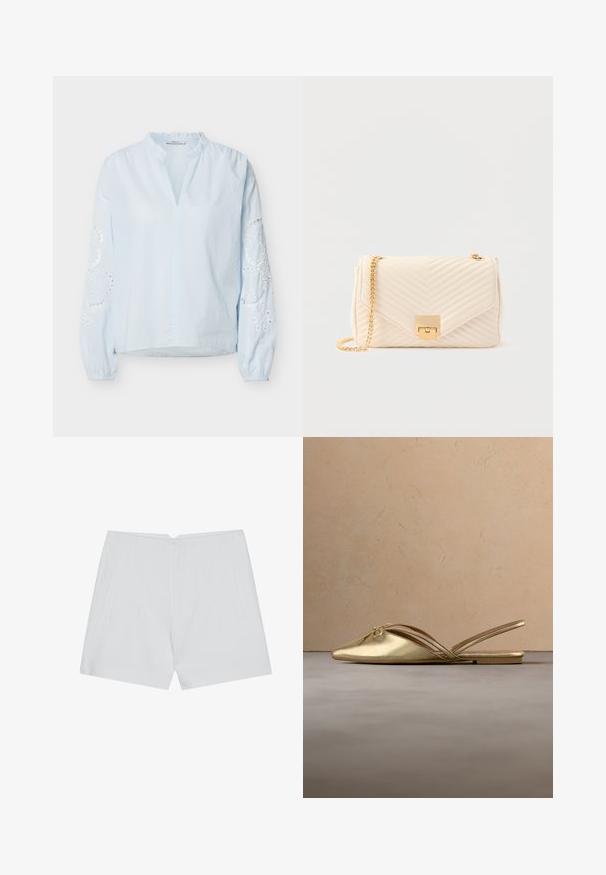 Lyseblå bluse med lange ærmer, flæsekant, V-halsåbning, elastiske manchetter og hvide broderede blomster på ærmerne.; Hvide shorts med et skræddersyet design, flad front, to sidelommer og en ren kant. Fremstillet af et glat stof uden synlige mønstre.; Guld spids tå slingback flad sko med tynde stropper og en lille sløjfe detalje på et beige tæppe nær en sofa.; Kremfarvet quiltet læderhåndtaske med gyldent kædrem og rektangulært gyldent lukke på ensfarvet baggrund.